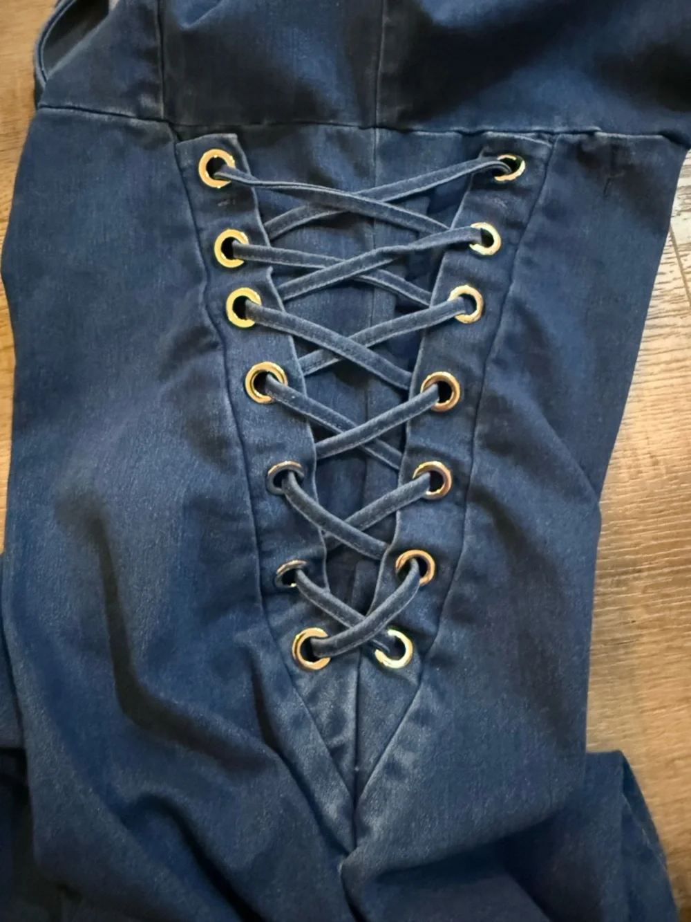 C’EST TOI Denim Laced Sides V-Neck Stretch  Jumpsuit  Size XL - Picture 13 of 14